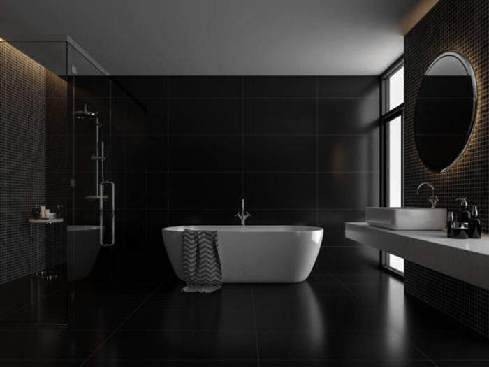 черный пол, черные стены - белая ванна и раковина