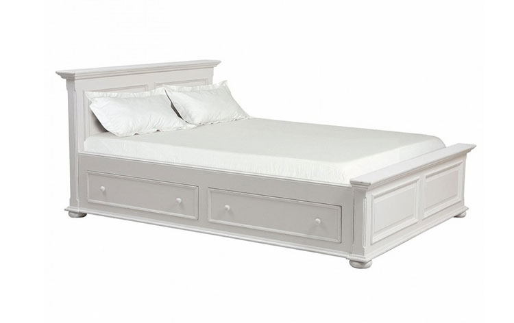 белая двуспальная кровать с ящиками для хранения