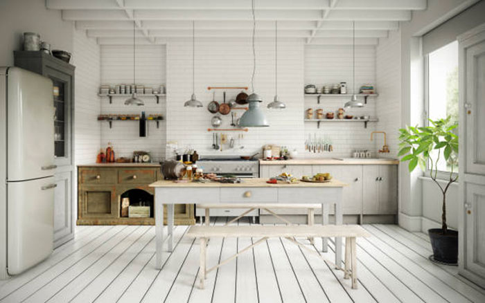 белый пол и белая кухня