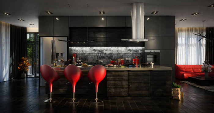 черная кухня с красными стульями