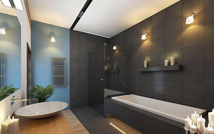 Современный темно-серый в интерьере ванной комнаты
