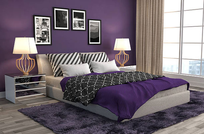 фиолетовый цвет в интерьере спальни
