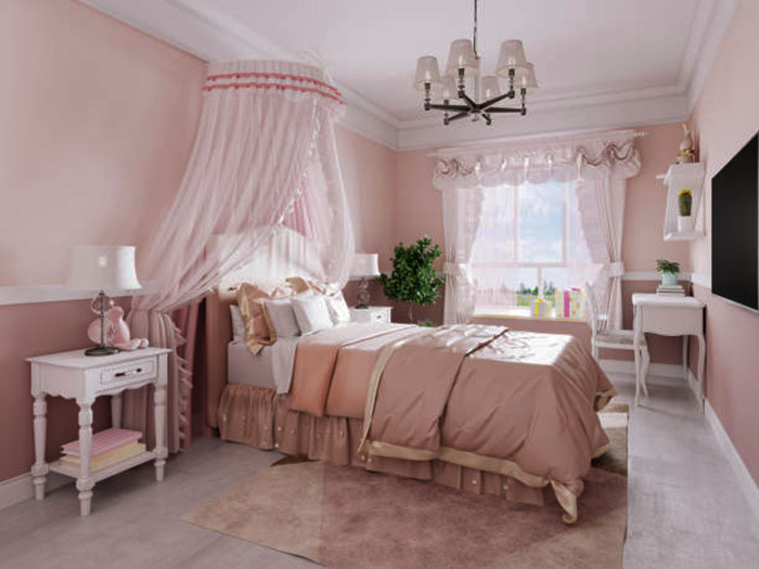 пыльно розовый цвет в интерьере спальни