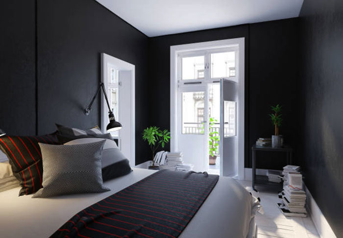 черничный цвет в интерьере спальни