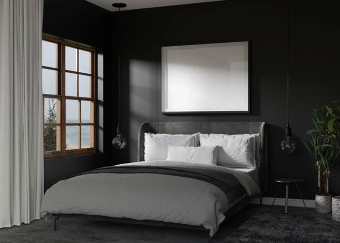 интерьер спальни в черно белом цвете